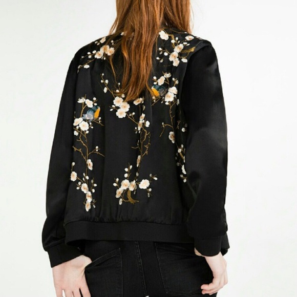 Zara | Floral Embroidered Satin Bomber Jacket - Picture 2 of 13